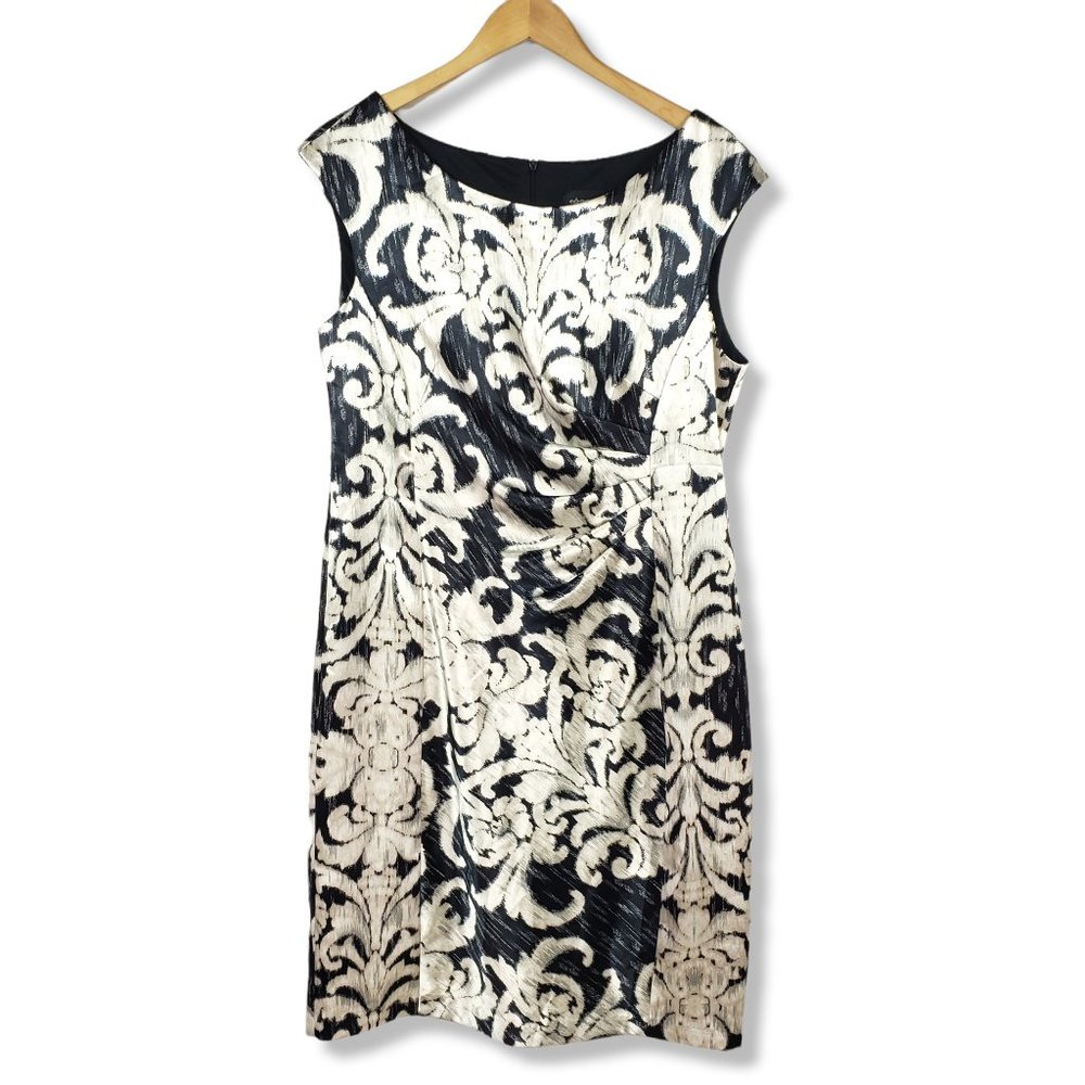 Connected Apparel Black and Cream Brocade Print Satin Sheath Dress Size 16